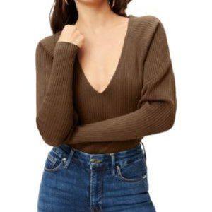 NWT Good American Plunging V-Neck Rib-Knit Bodysuit ~ Brown ~ Size 2 (M)